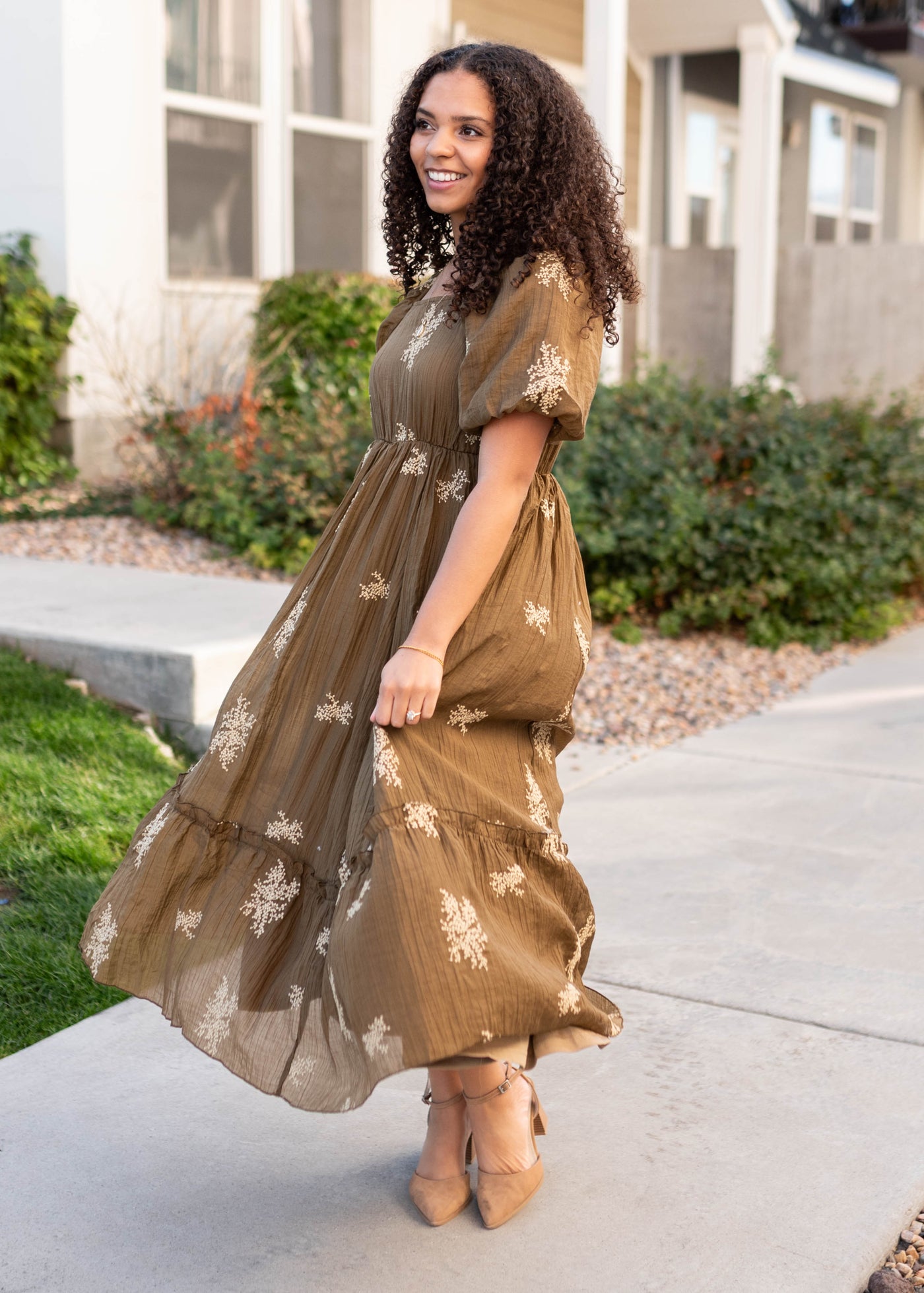 Modest khaki embroidered dress with ivory flowers and short sleeves