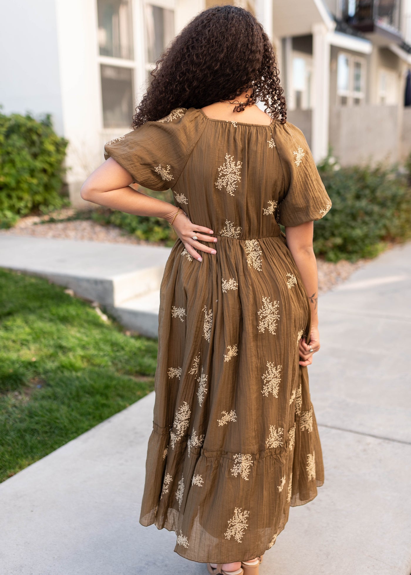 Back view of the khaki embroidered dress