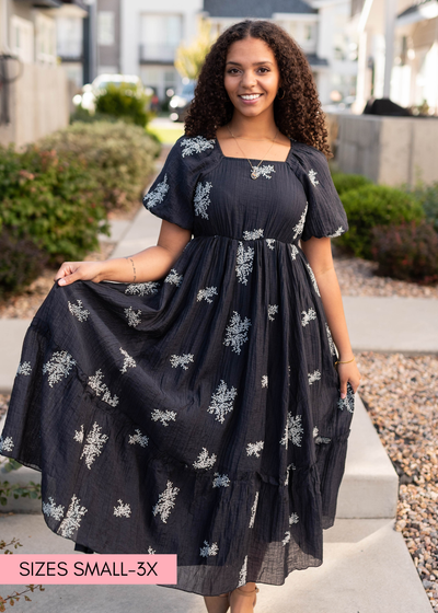 Modest navy embroidered dress with inclusive sizes