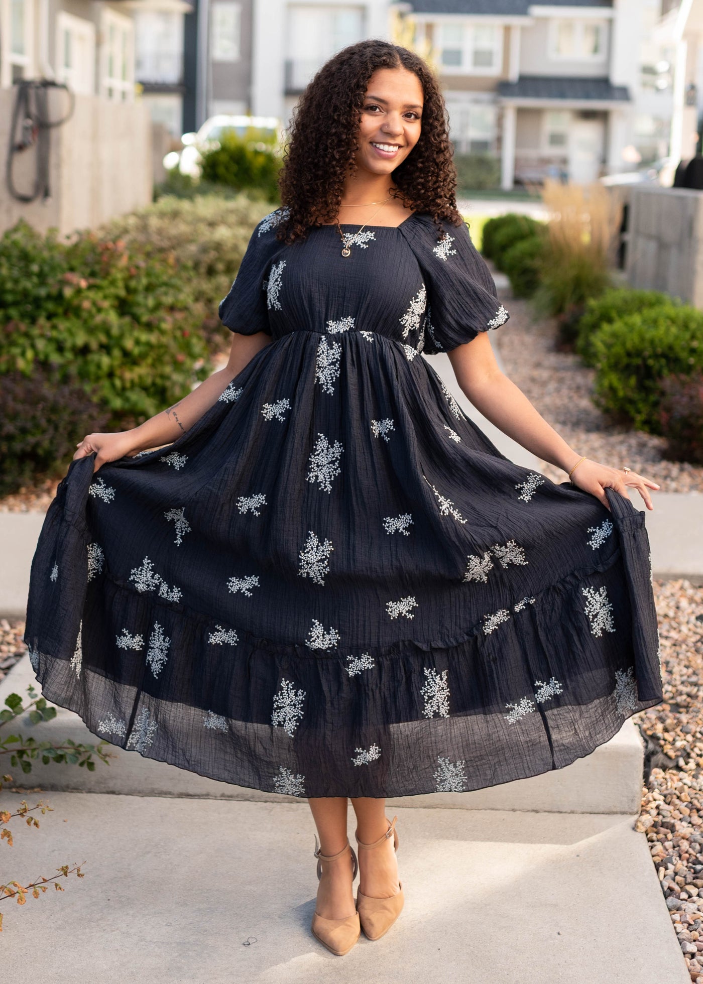 Modest navy embroidered dress with white flowers is sizes small to 3x