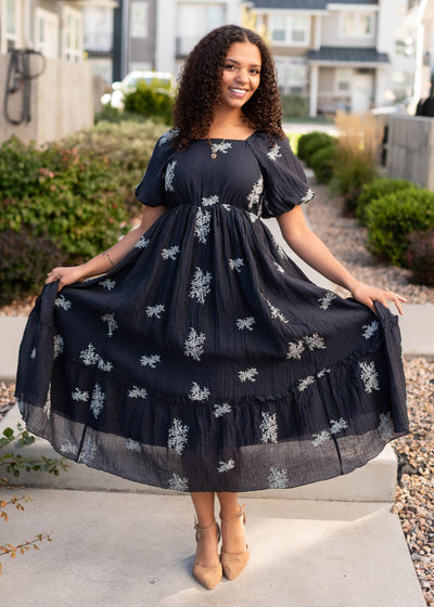 Modest navy embroidered dress with white flowers is sizes small to 3x