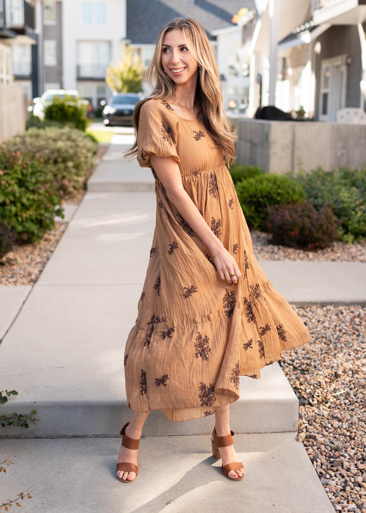 High waisted tan embroidered dress in sizes small to 3x