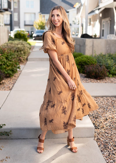 High waisted tan embroidered dress in sizes small to 3x
