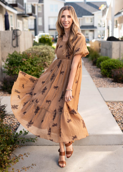Modest tan embroidered dress with short sleeves