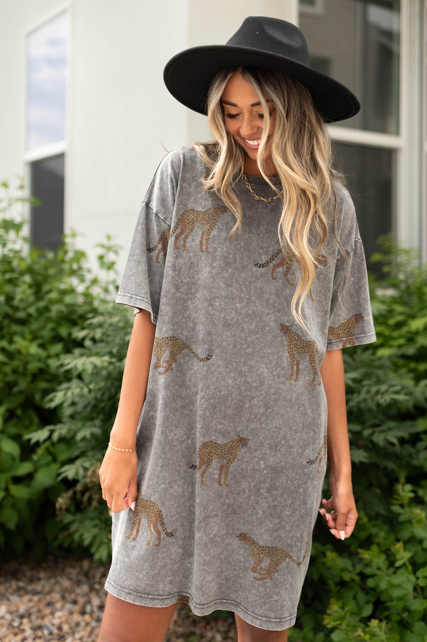 Short sleeve tiger knit charcoal dress