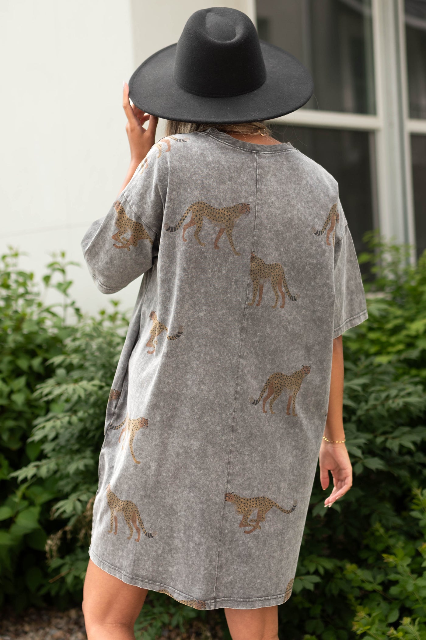 Back view tiger charcoal dress