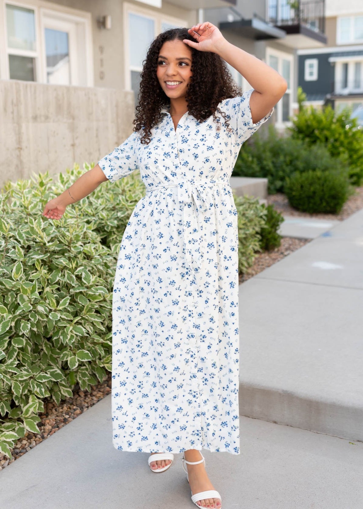 White floral button down dress with short sleeves