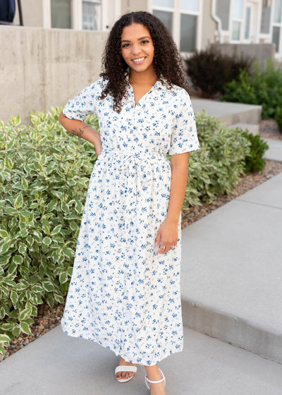 Short sleeve white floral buttondown dress