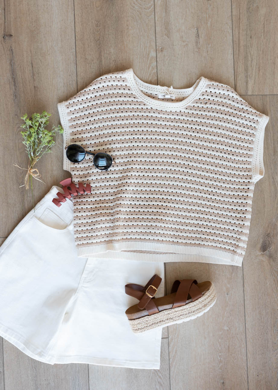 Flat layout view of the white denim bermuda shorts
