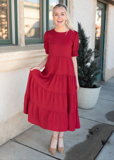 Janessa Tiered Burgundy Dress