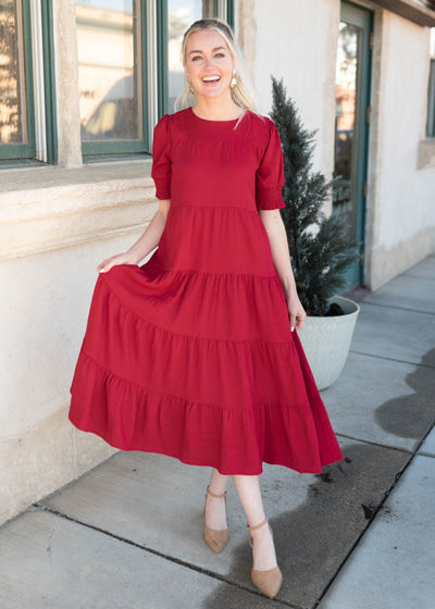 Janessa Tiered Burgundy Dress