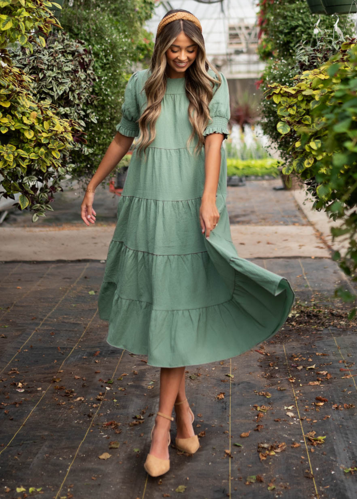 deep sage green dress Janessa swatch:the-metallic-gabriella-dress-dk-red-foil-606-26