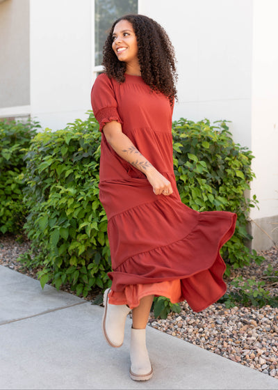 Fully lined tiered rust dress by Lena Lou