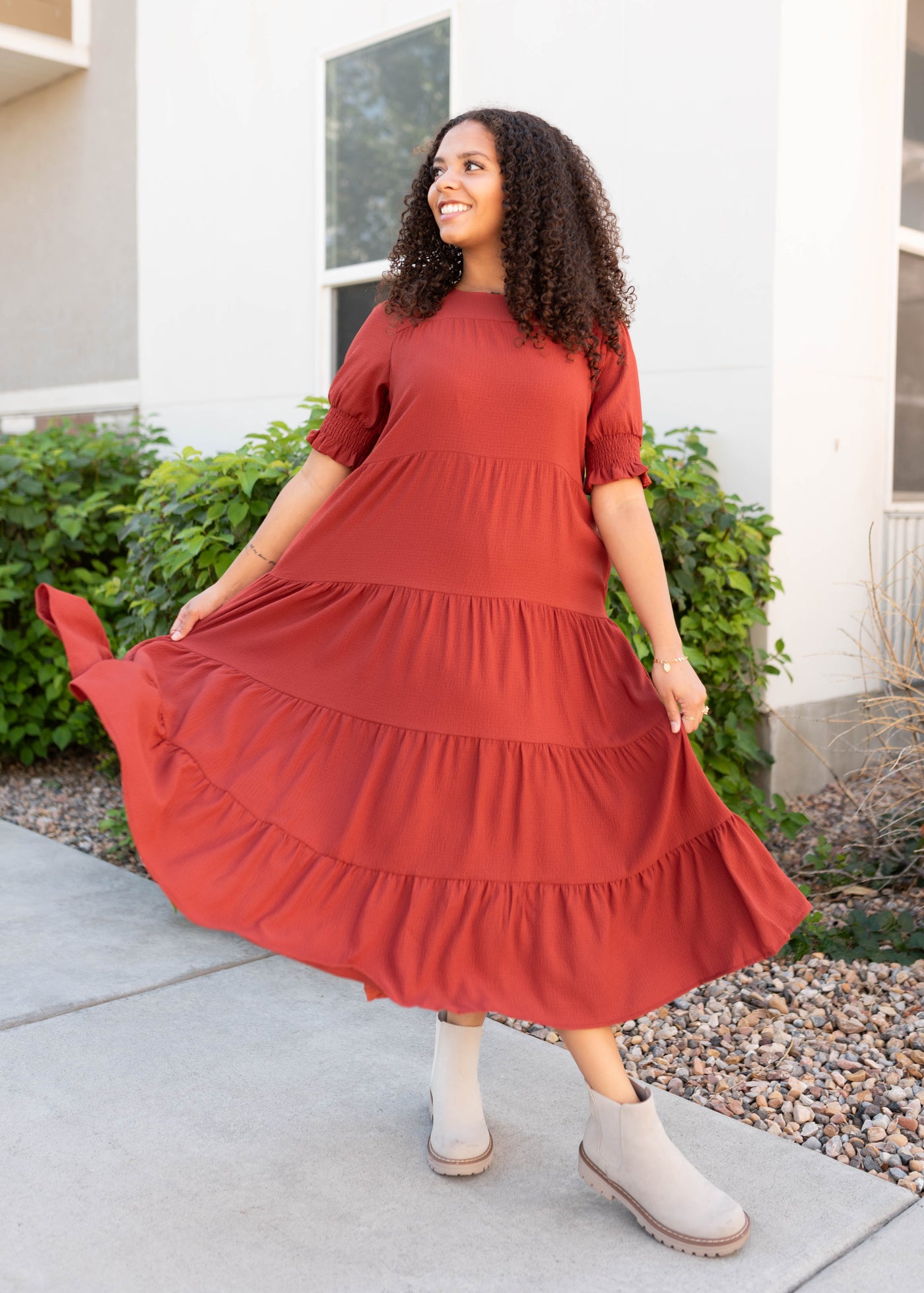Midi tiered rust dress with short sleeves by Lena Lou sold at Lena Layne