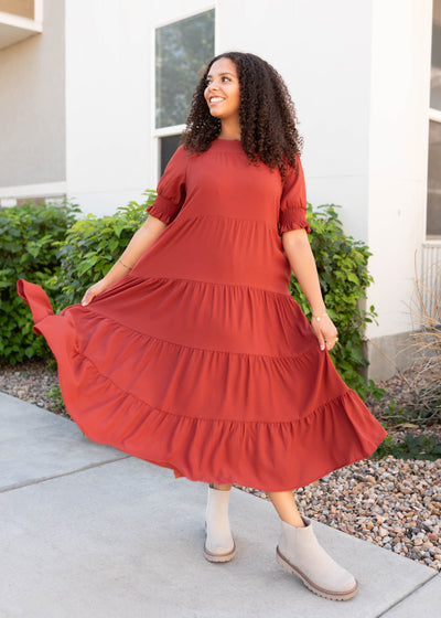 Midi tiered rust dress with short sleeves by Lena Lou sold at Lena Layne