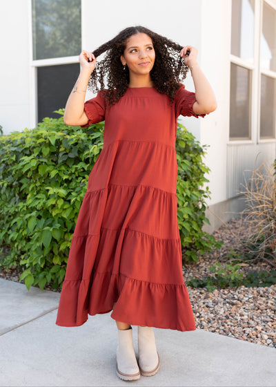 Lena Lou modest tiered rust dress with pockets