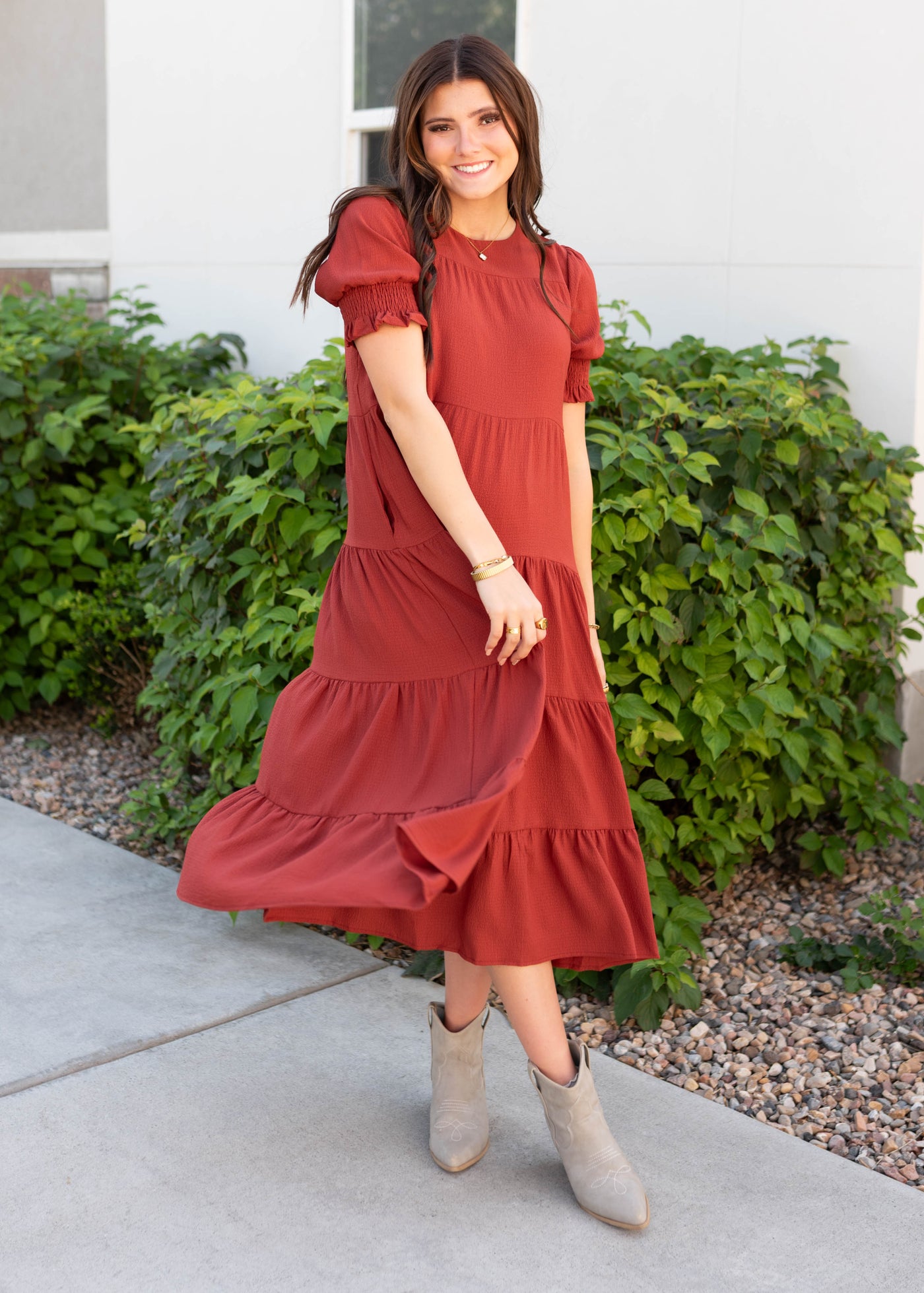 Short sleeve modest tiered rust dress