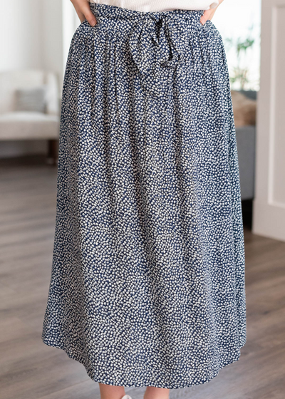 Close up of the navy pattern skirt