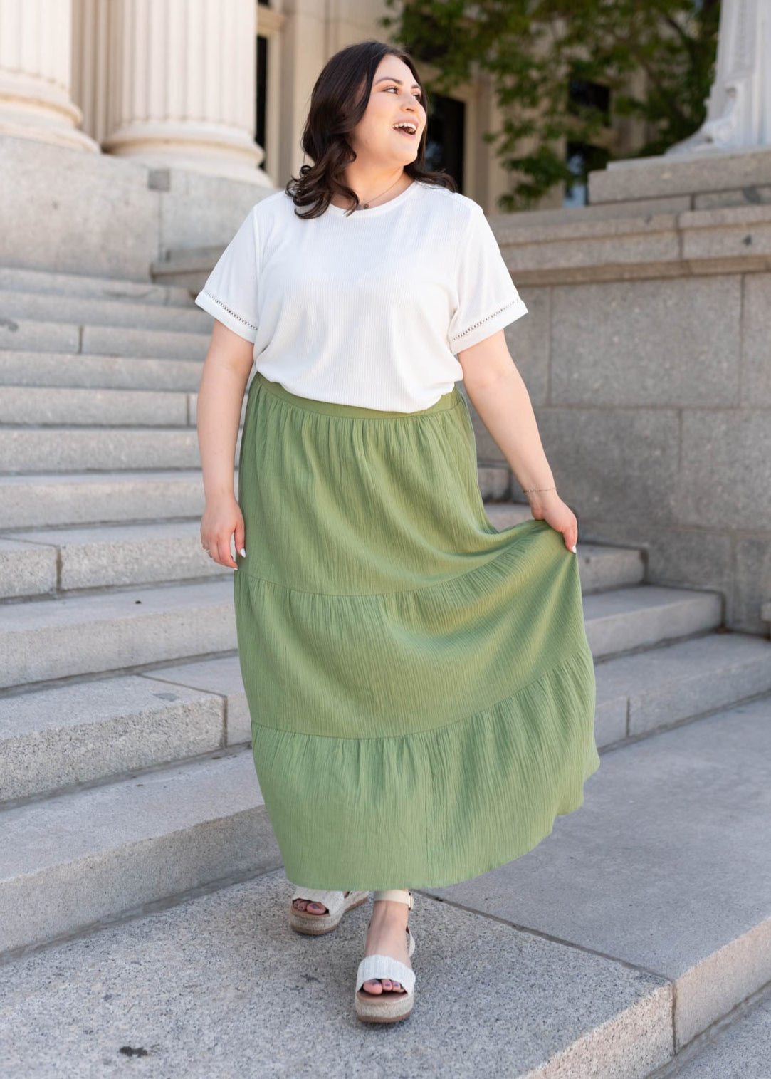 Plus size light green gauze tiered skirt