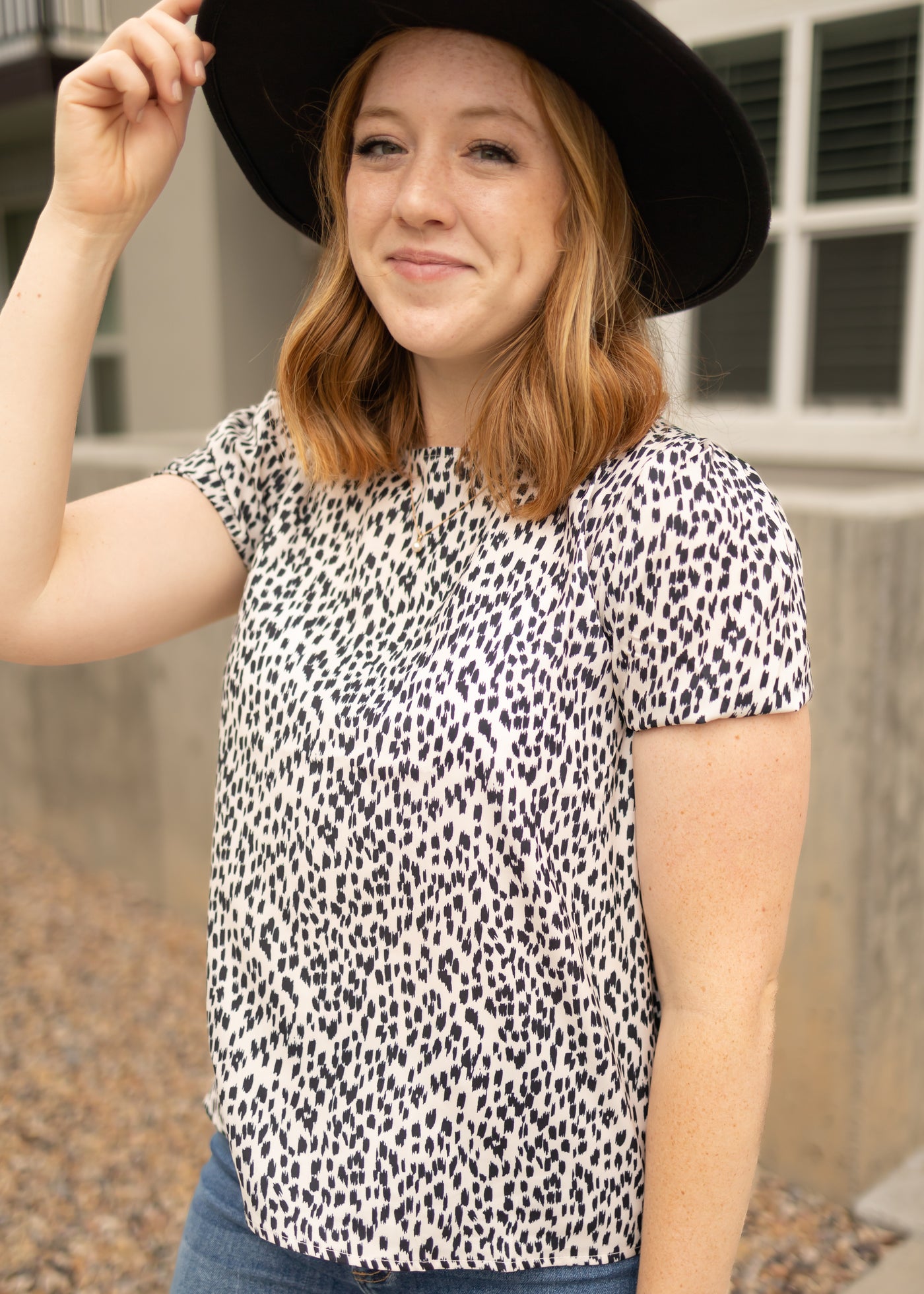 Short Sleeve ivory top with small black print