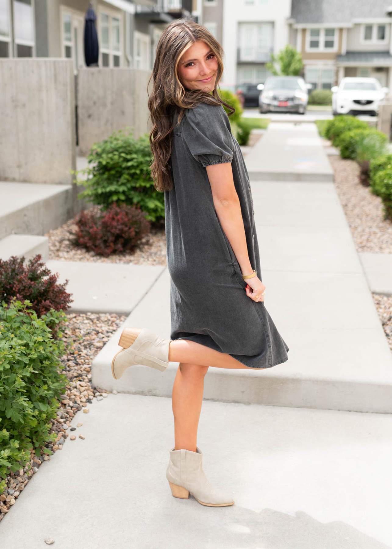 Black button down dress with short sleeves