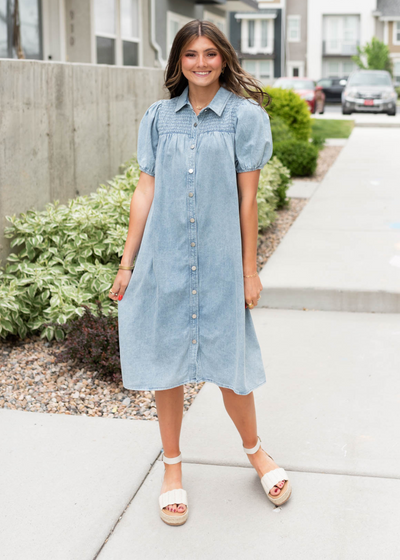 Denim button down dress with short sleeves
