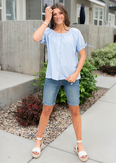 Blue mini checkered top with short sleeves