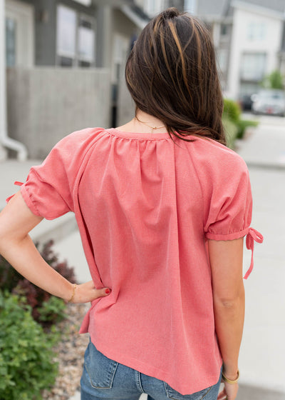 Back view of the red mini checkered top