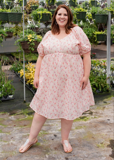 Plus size blush floral dress with wide v-neck