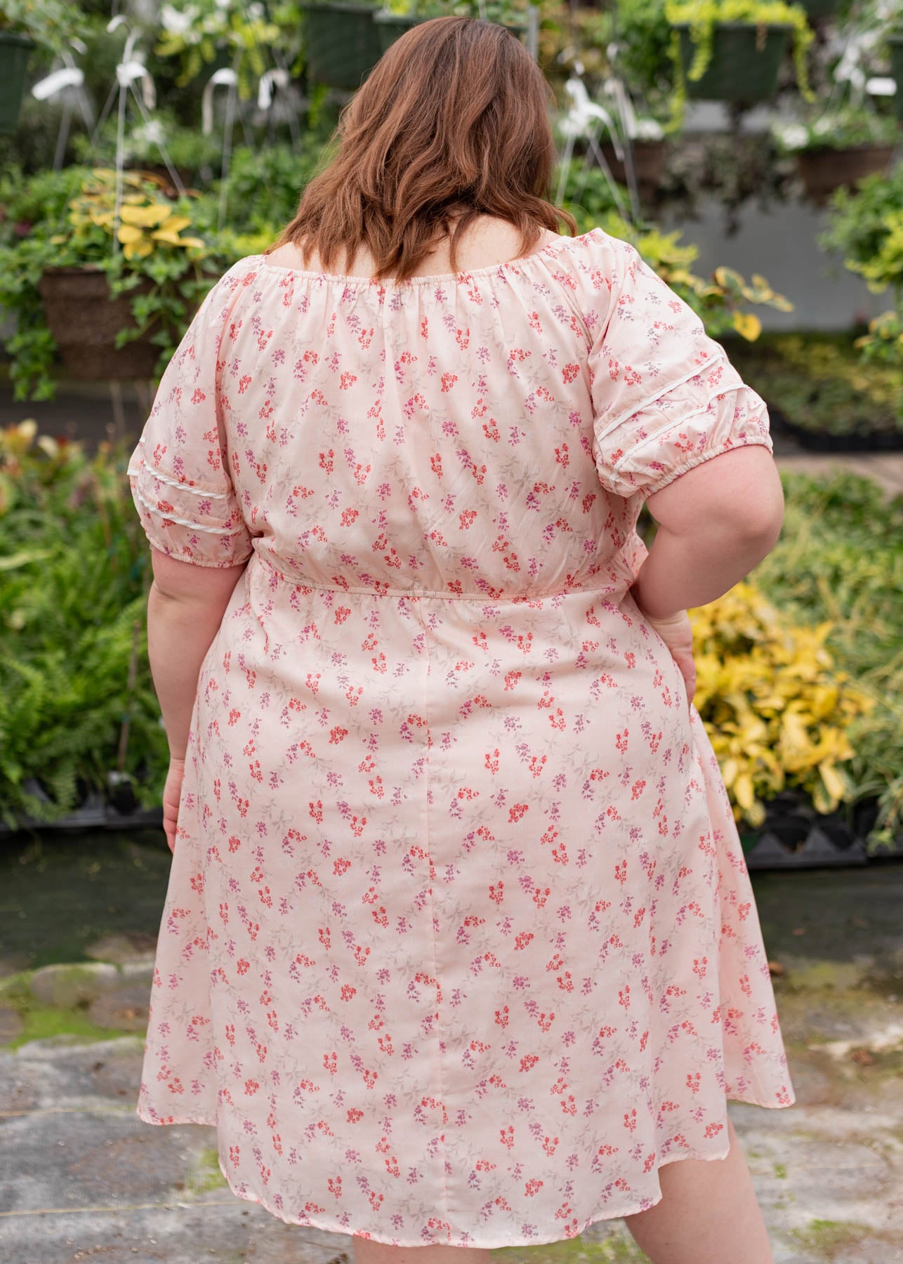 Back view of the blush floral dress in plus size
