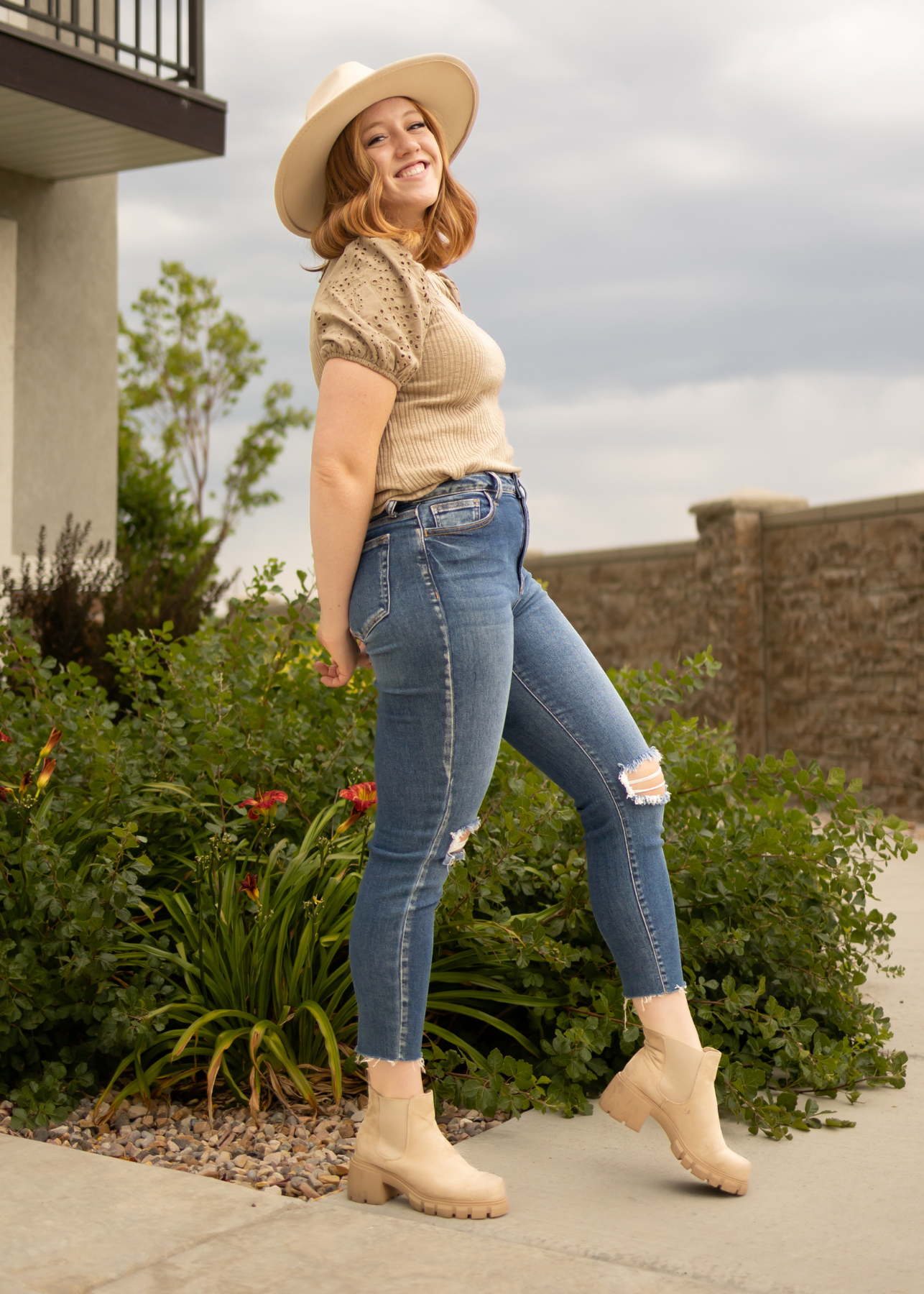 Side view of a taupe top