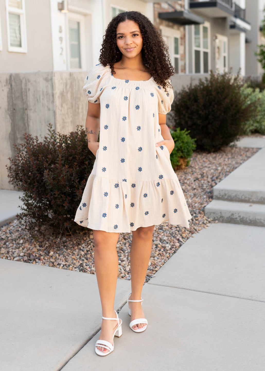 Natural embroidered dress with blue flowers