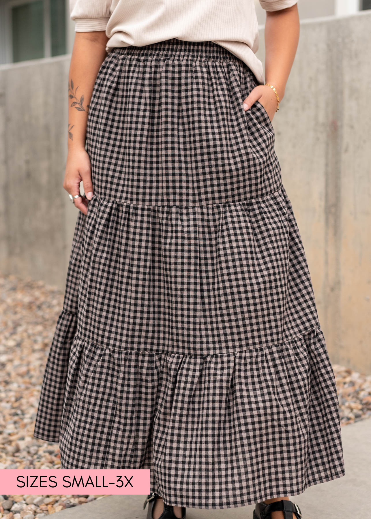 Modest black gingham skirt in sizes small to 3x