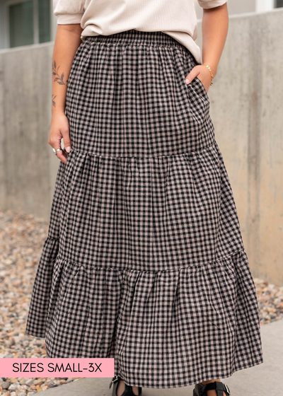 Modest black gingham skirt in sizes small to 3x