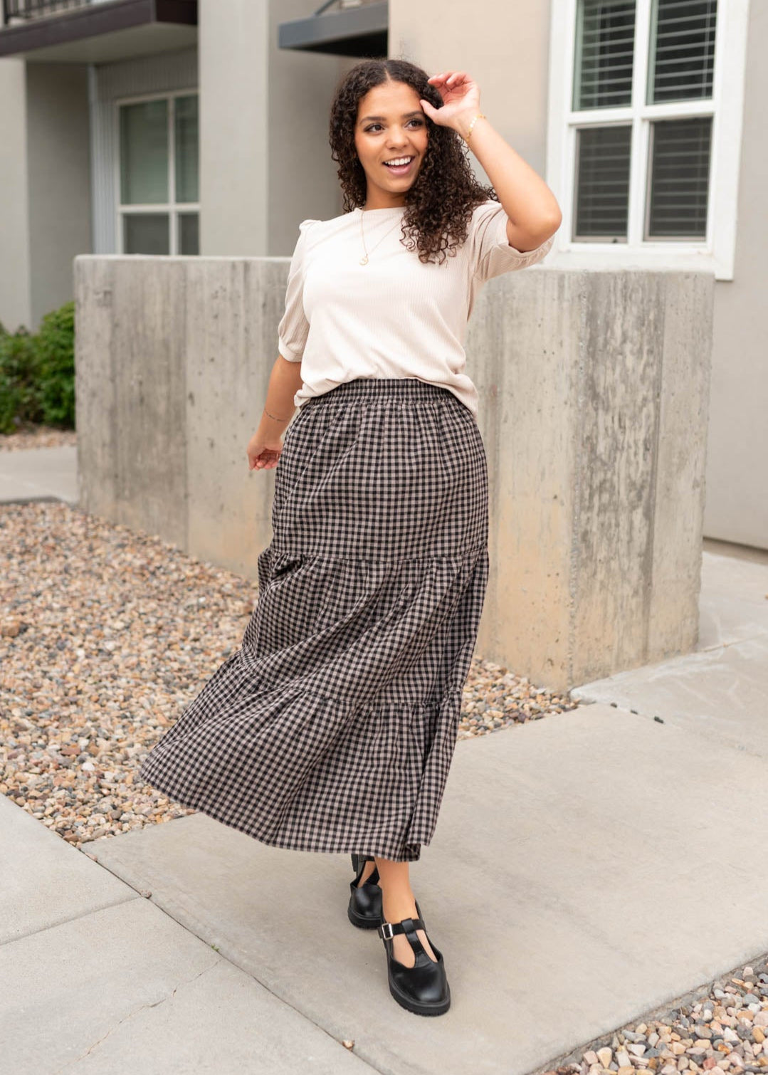 Modest tiered black gingham skirt with elastic waist