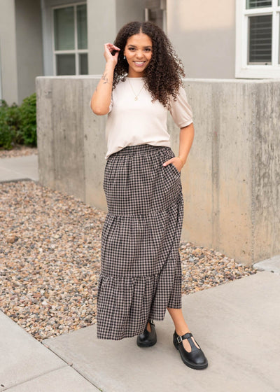 Modest black gingham skirt sold at Lena Layne