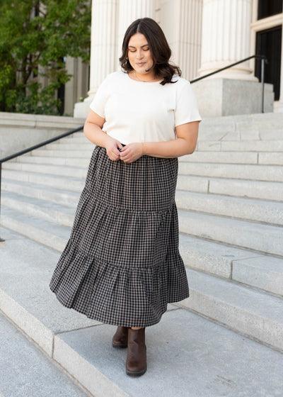 Plus size tiered brown and black gingham skirt at Lena Layne