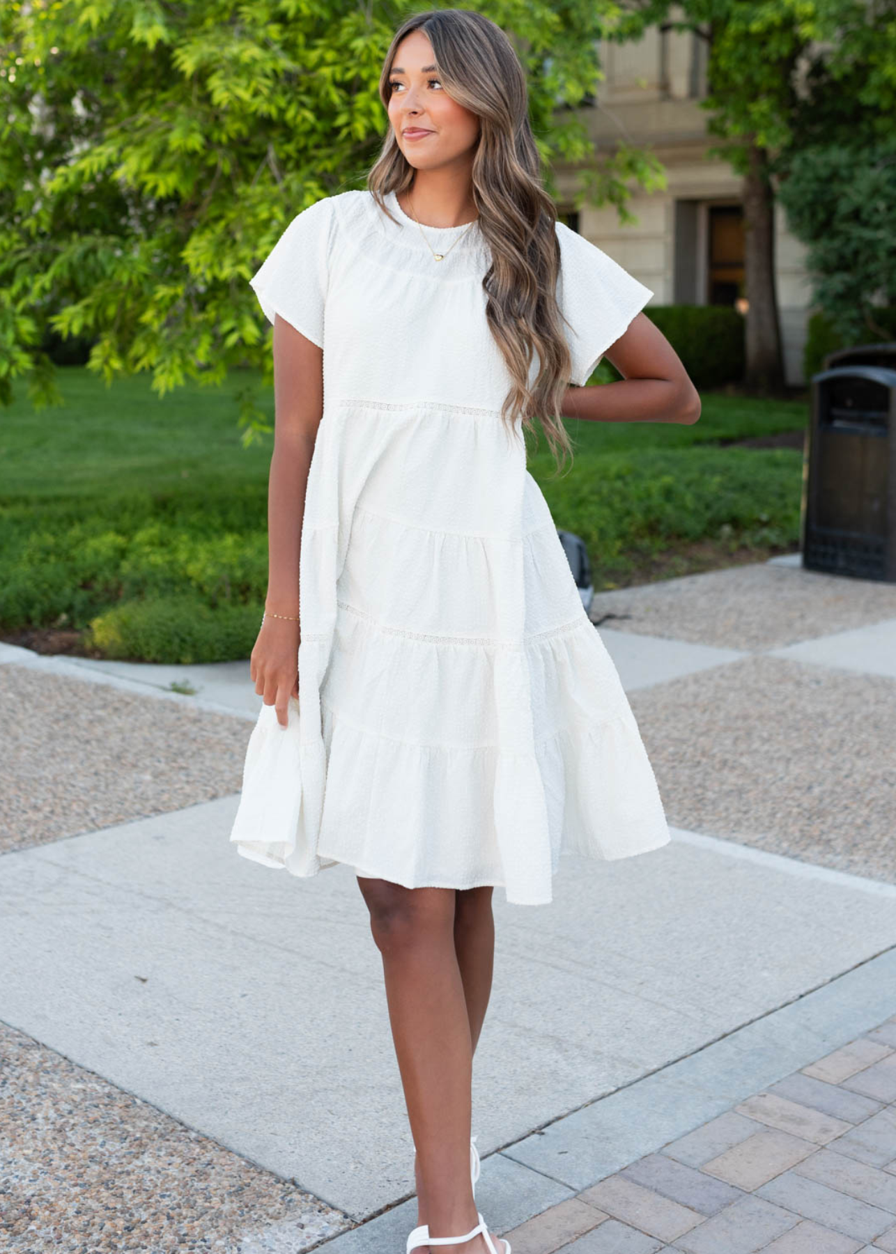 Short sleeve ivory tiered dress