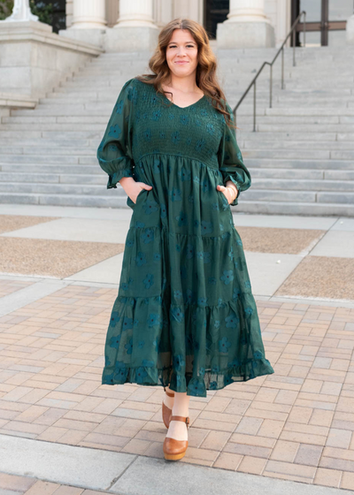 High waisted plus size dark green floral dress
