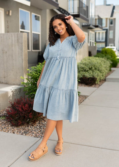 Tiered skirt on the chambray button down dress