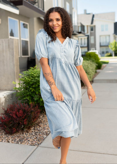 Chambray button down dress with short sleeves