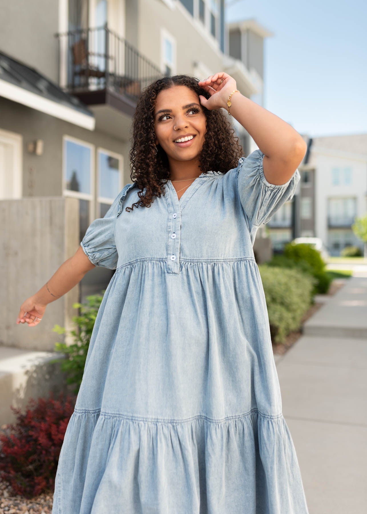 Short sleeve chambray button down dress