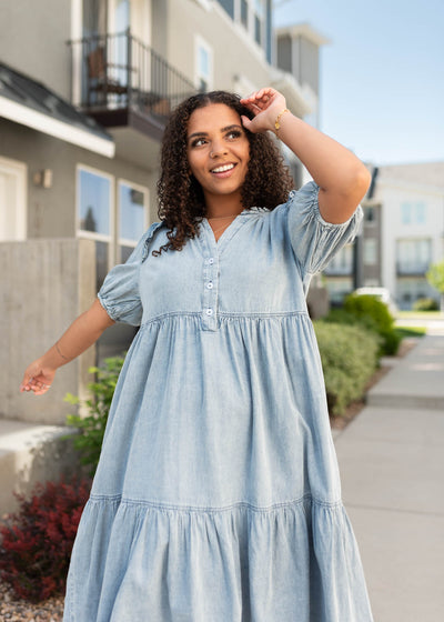 Short sleeve chambray button down dress