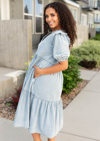 Side view of the chambray button down dress