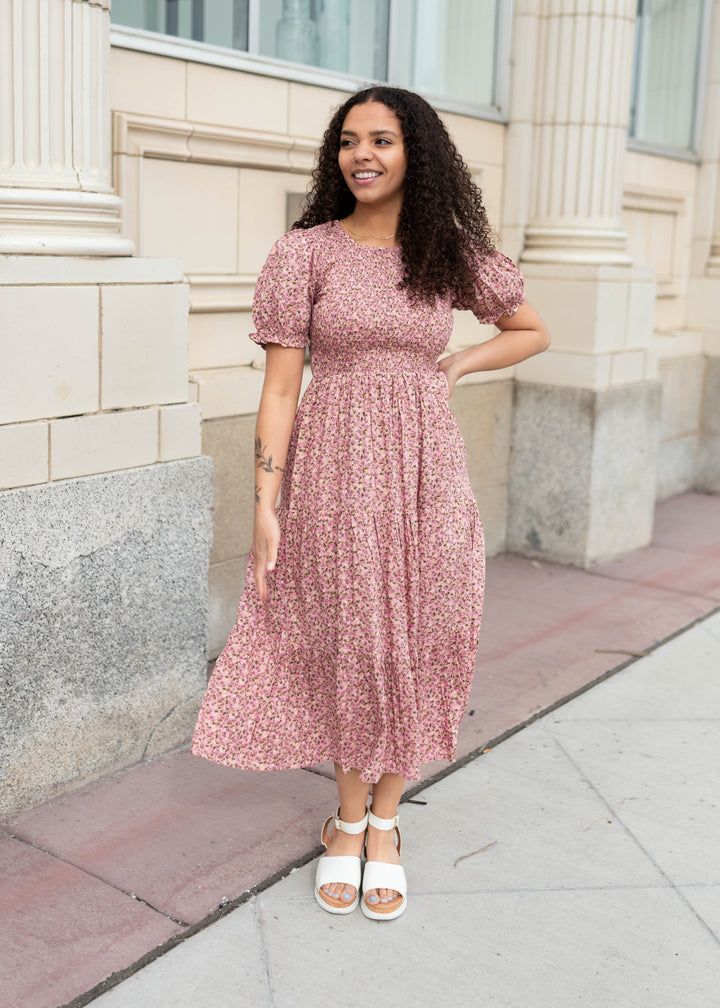 chatonmisha&puff Railroad Floral 半袖 Jessie Pink Floral Dress - Smocked Bodice & Puff Sleeves | Lena Layne