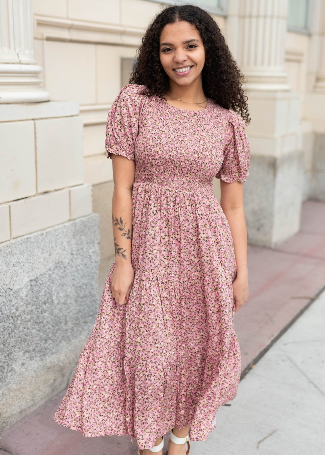 Jessie Pink Floral Dress - Smocked Bodice & Puff Sleeves