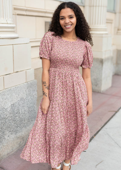 Jessie Pink Floral Dress - Smocked Bodice & Puff Sleeves | Lena Layne