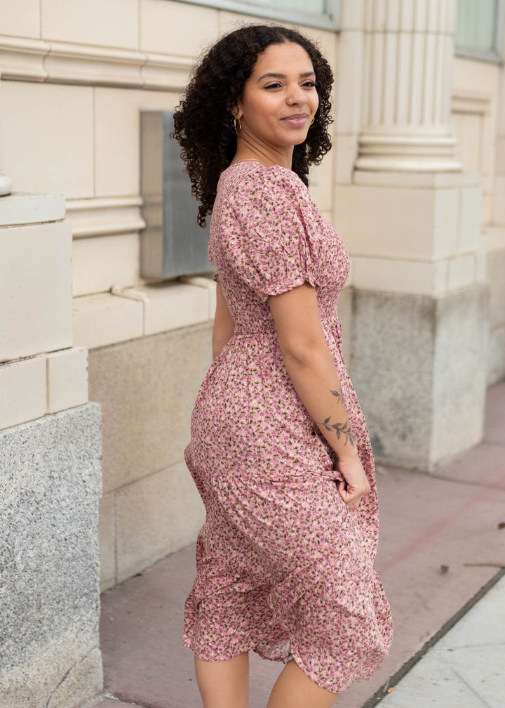 Jessie Pink Floral Dress - Smocked Bodice & Puff Sleeves