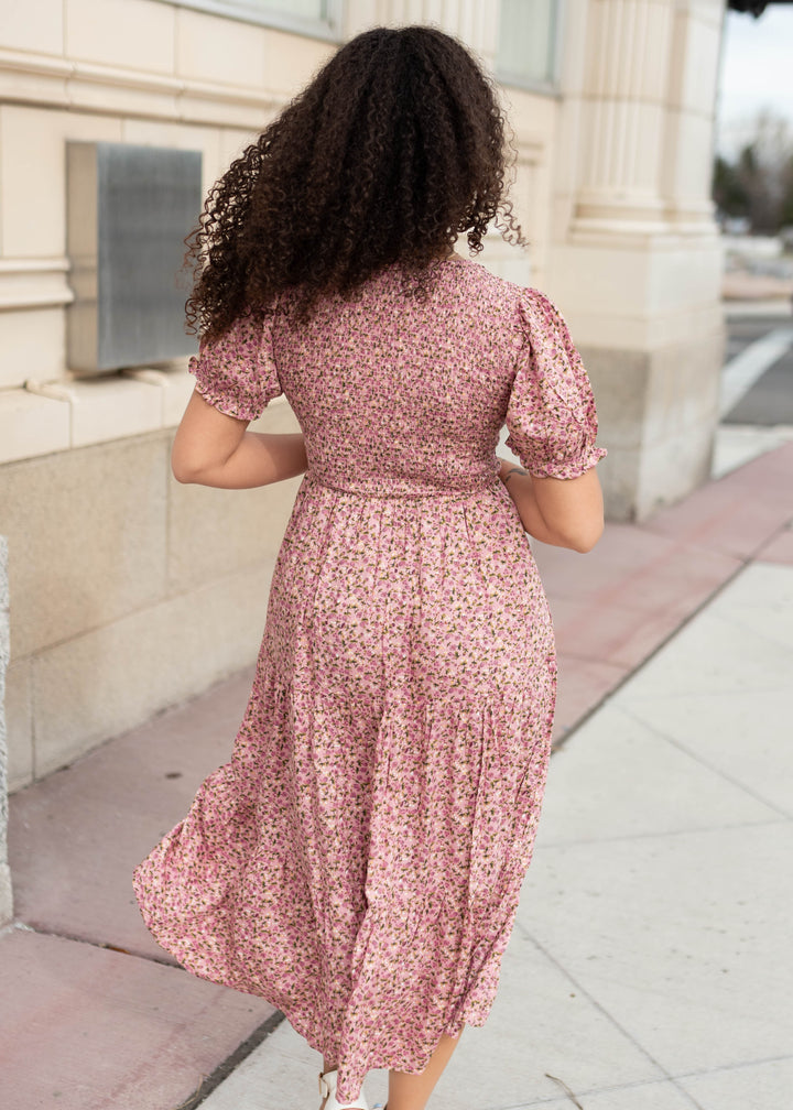 Jessie Pink Floral Dress - Smocked Bodice & Puff Sleeves | Lena Layne