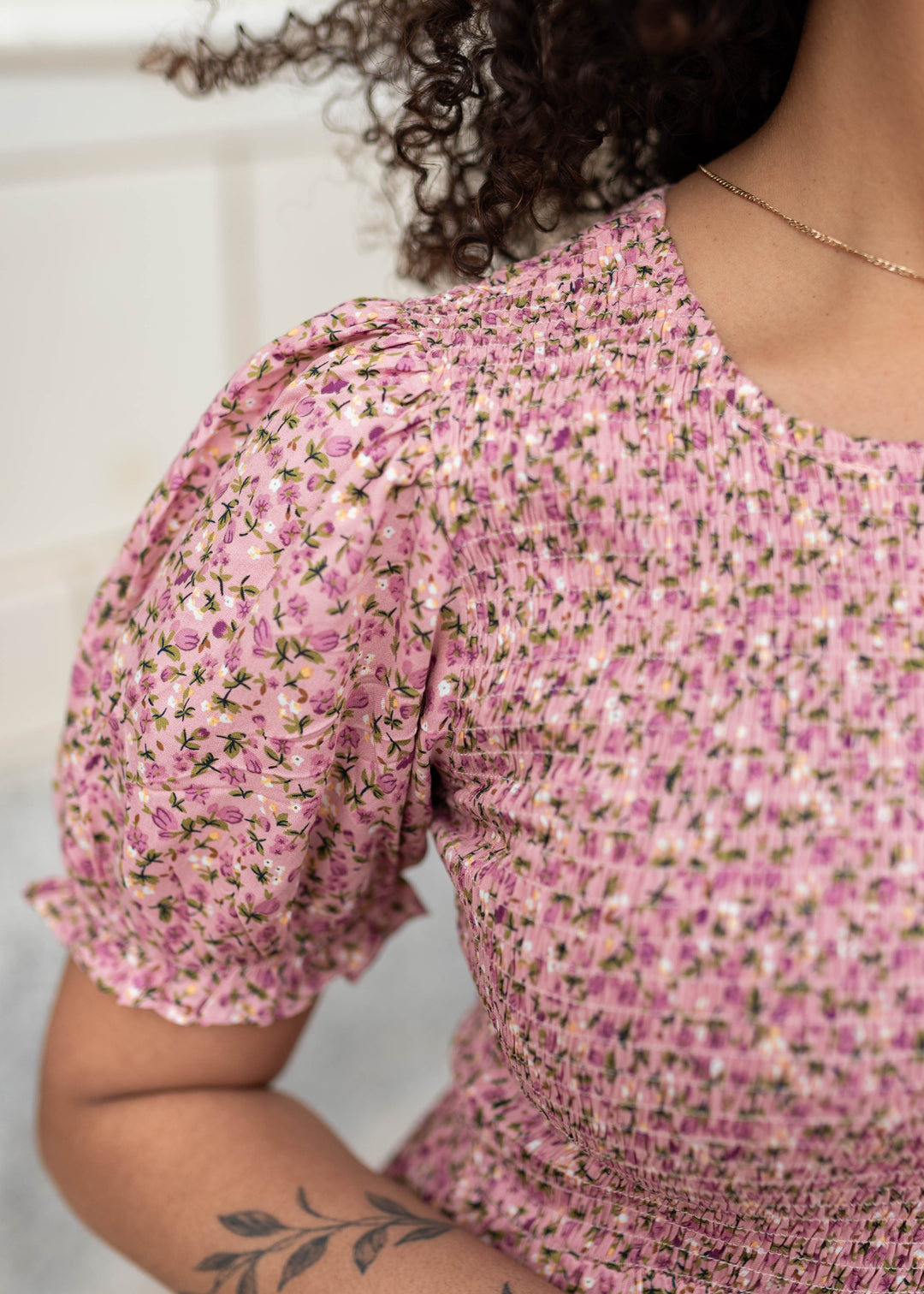 Jessie Pink Floral Dress - Smocked Bodice & Puff Sleeves | Lena Layne